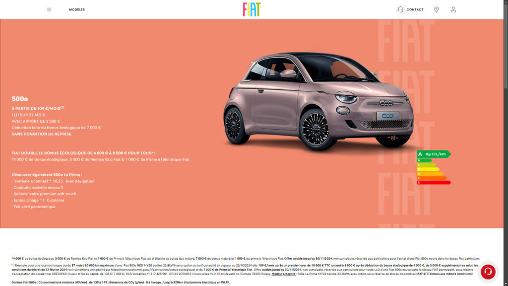 Offre de leasing Fiat 500e en novembre // Source : capture site fiat.fr Offre de leasing Fiat 500e en novembre // Source : capture site fiat.fr