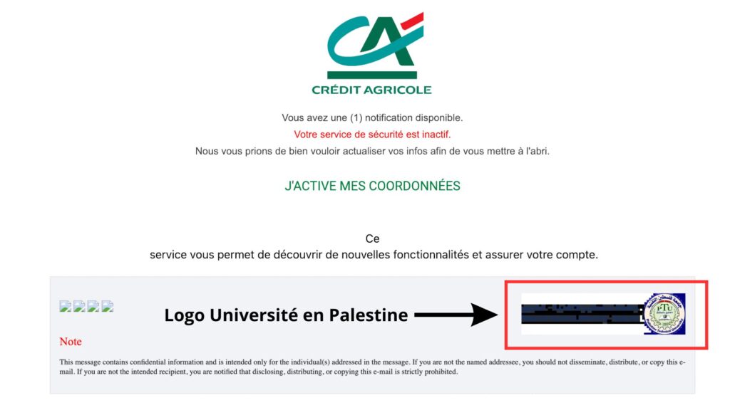 Un mail de phishing du Crédit Agricole avec le logo de la faculté piraté. // Source : Numerama Un mail de phishing du Crédit Agricole avec le logo de la faculté piraté. // Source : Numerama