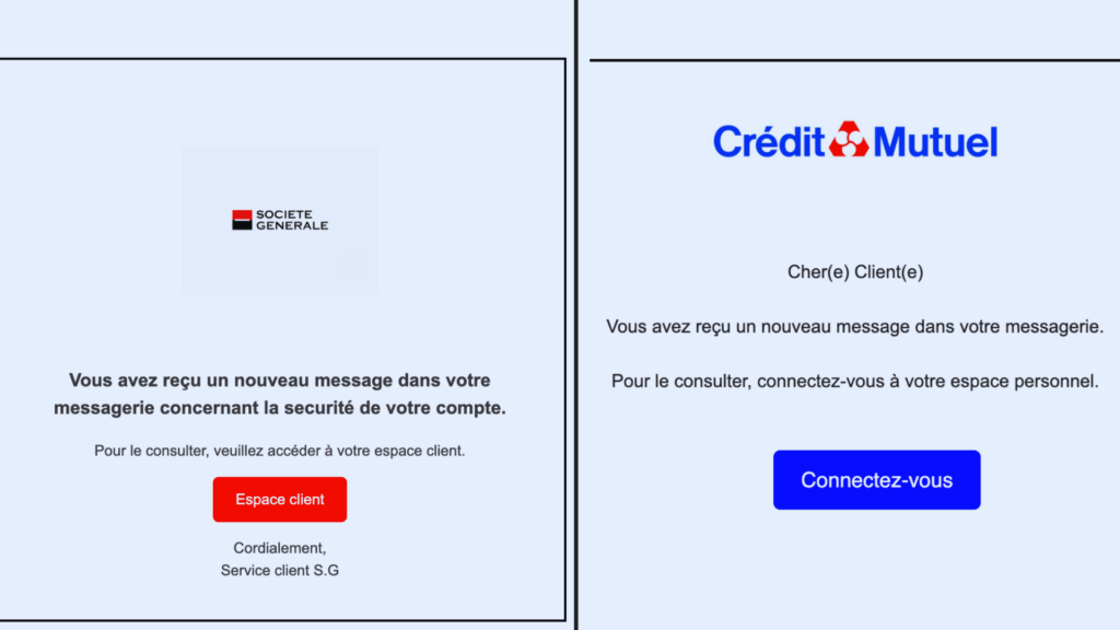 Les faux mails de la Société Générale et du Crédit mutuel reprennent les mêmes codes. // Source : Numerama Les faux mails de la Société Générale et du Crédit mutuel reprennent les mêmes codes. // Source : Numerama