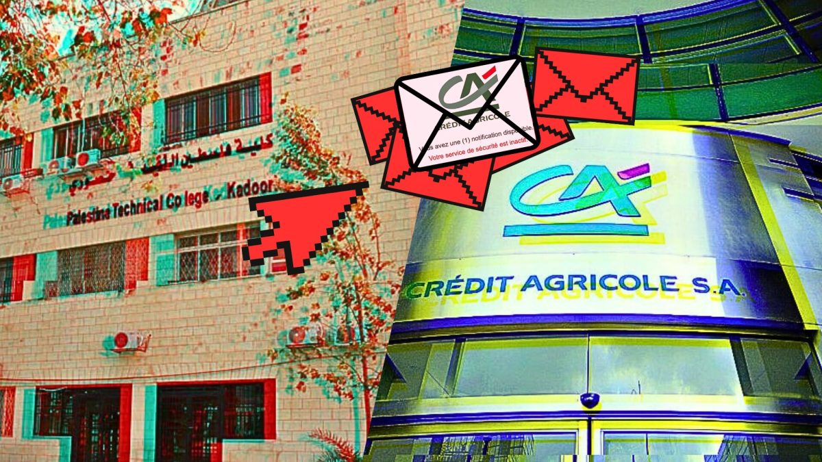 Les clients du Crédit Agricole ciblés par un faux mail. // Source : Palestine Technical University – Kadoorie / Montage Numerama Les clients du Crédit Agricole ciblés par un faux mail. // Source : Palestine Technical University – Kadoorie / Montage Numerama