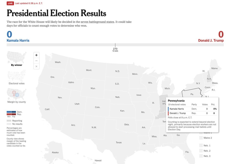 Sur le site du New York Times, la carte électorale est présentée et actualisée en temps réel. Sur le site du New York Times, la carte électorale est présentée et actualisée en temps réel.