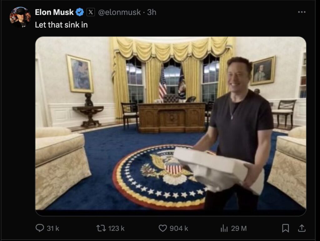 Elon Musk, qui était présent à la soirée de victoire de Trump, a posté cette blague en référence à sa future arrivée à la Maison-Blanche. // Source : X Elon Musk, qui était présent à la soirée de victoire de Trump, a posté cette blague en référence à sa future arrivée à la Maison-Blanche. // Source : X