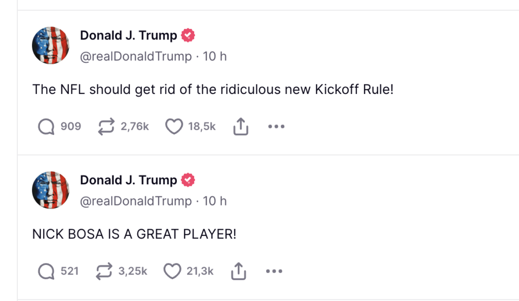 Sur Truth Social, le président-élu commente des matchs de football en direct. Sur Truth Social, le président-élu commente des matchs de football en direct.