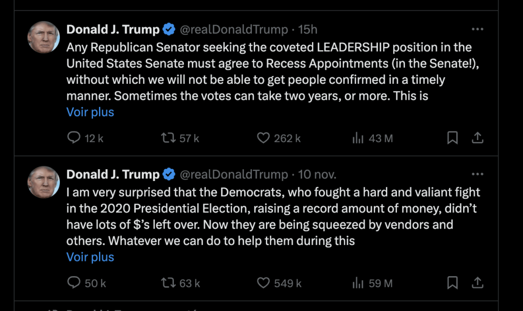 Les deux seuls tweets de Donald Trump depuis son élection viennent de Truth Social. Les deux seuls tweets de Donald Trump depuis son élection viennent de Truth Social.