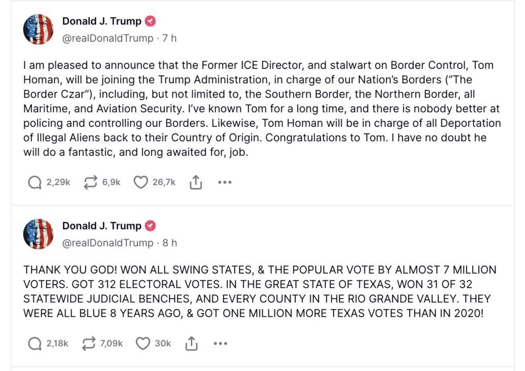 Plusieurs déclarations officielles du président-élu sont exclusives à Truth Social. Plusieurs déclarations officielles du président-élu sont exclusives à Truth Social.
