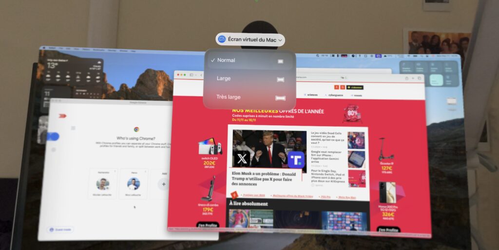 Par défaut, l'écran du Vision Pro prend un format 16:9. visionOS 2.2 permet de l'agrandir. Par défaut, l'écran du Vision Pro prend un format 16:9. visionOS 2.2 permet de l'agrandir.