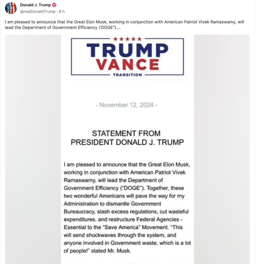 Donald Trump a annoncé la désignation d'Elon Musk sur Truth Social. Donald Trump a annoncé la désignation d'Elon Musk sur Truth Social.