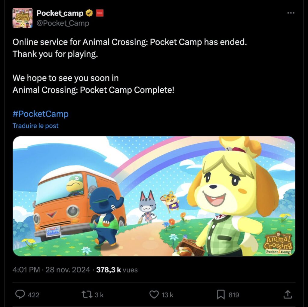 Animal Crossing Pocket Camp ne fonctionne plus depuis le 28 novembre. Animal Crossing Pocket Camp ne fonctionne plus depuis le 28 novembre.