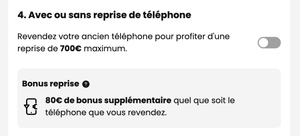 Sur le site de SFR, la reprise d'un téléphone fait partie de l'expérience client, avec pour promesse un bonus de 80 euros très généreux. Sur le site de SFR, la reprise d'un téléphone fait partie de l'expérience client, avec pour promesse un bonus de 80 euros très généreux.