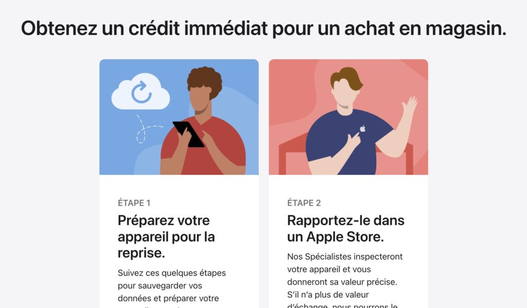 Dans les magasin Apple, on peut faire reprendre un iPhone en quelques minutes. L'argent sert à un achat présent ou futur. // Source : Apple Dans les magasin Apple, on peut faire reprendre un iPhone en quelques minutes. L'argent sert à un achat présent ou futur. // Source : Apple
