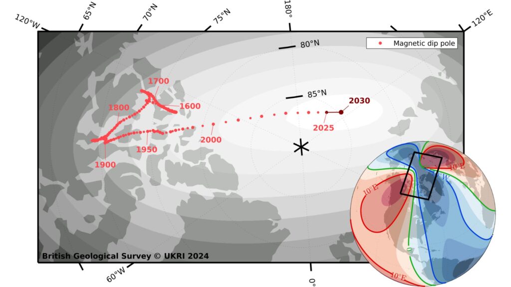Emplacement magnétique des pôles nord de 1590 à 2030 // Source : BGS UKRI et Wessel, P. et W.HF. Smith (1996), base de données mondiale J.Géophysique. Res. Emplacement magnétique des pôles nord de 1590 à 2030 // Source : BGS UKRI et Wessel, P. et W.HF. Smith (1996), base de données mondiale J.Géophysique. Res.