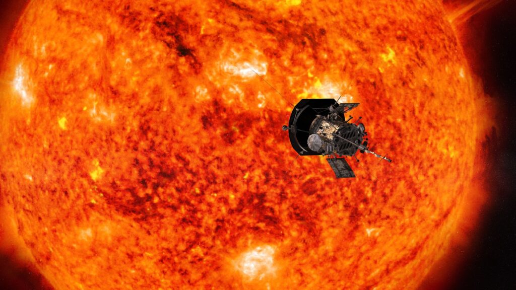 Concept artistique de la sonde solaire Parker approchant du soleil // Source : NASA/Johns Hopkins APL/ Steve Gribben Concept artistique de la sonde solaire Parker approchant du soleil // Source : NASA/Johns Hopkins APL/ Steve Gribben