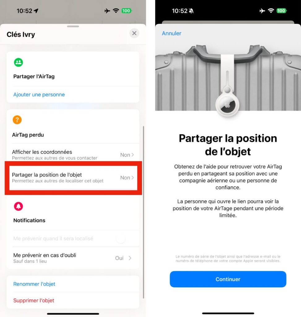 Le partage d'un AirTag depuis l'application Localiser. Le partage d'un AirTag depuis l'application Localiser.