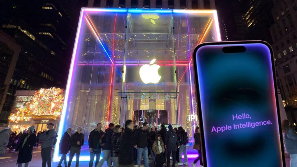 L'Apple Store de New York, aux couleurs d'Apple Intelligence et de l'iPhone 16. // Source : Numerama L'Apple Store de New York, aux couleurs d'Apple Intelligence et de l'iPhone 16. // Source : Numerama