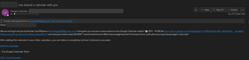 Un mail de phishing usurpant Google Agenda. // Source : Check Point Un mail de phishing usurpant Google Agenda. // Source : Check Point
