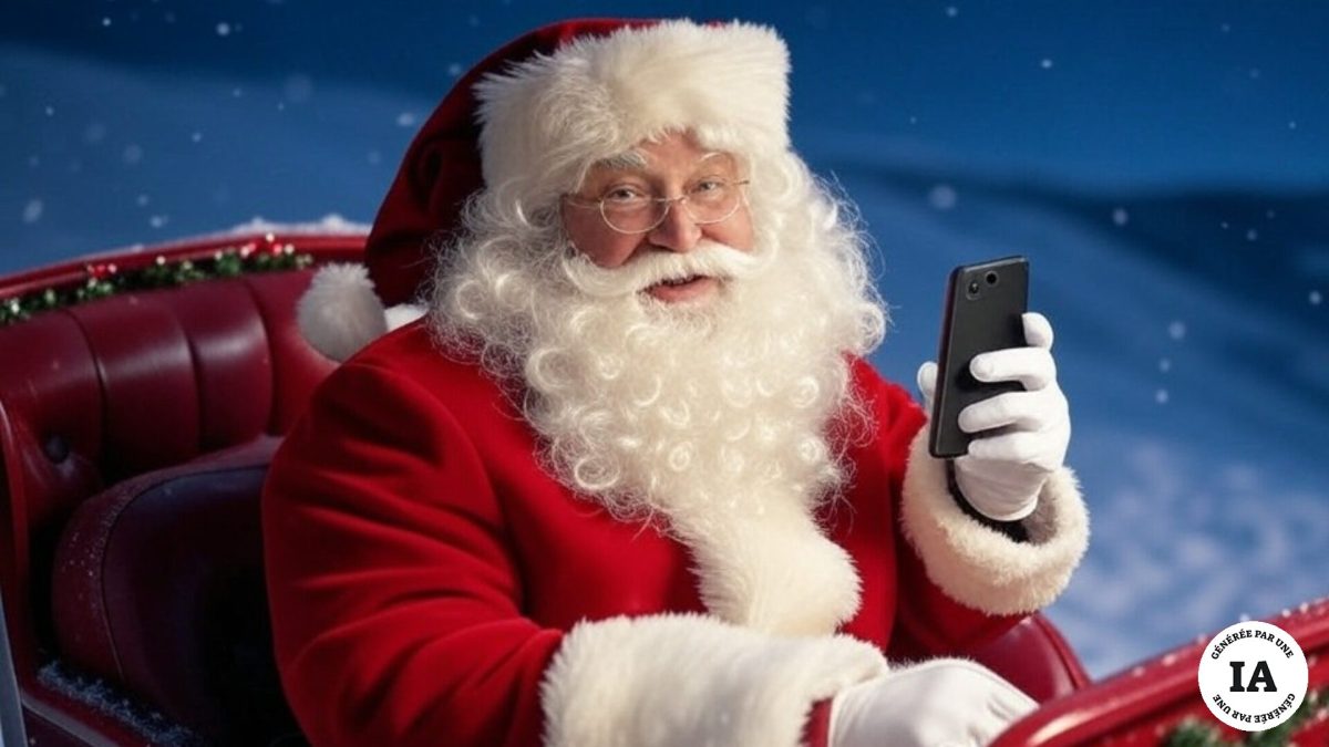 Le père Noël au téléphone, grâce à ChatGPT. // Source : Numerama, avec Grok Le père Noël au téléphone, grâce à ChatGPT. // Source : Numerama, avec Grok