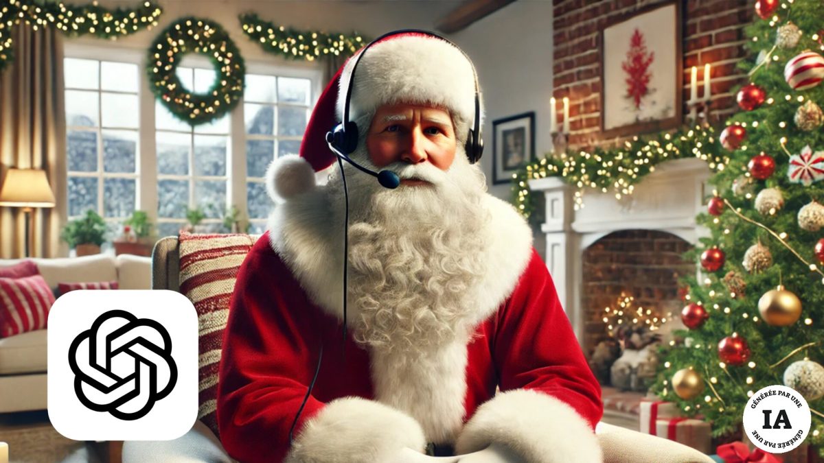 Le père Noël au téléphone, pour répondre aux questions de ChatGPT. // Source : Numerama avec DALL-E Le père Noël au téléphone, pour répondre aux questions de ChatGPT. // Source : Numerama avec DALL-E