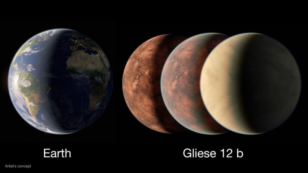 Illustration de la Terre comparée à divers modèles de Gliese 12 b // Source : NASA/JPL-Caltech/R. Hurt (Caltech-IPAC) Illustration de la Terre comparée à divers modèles de Gliese 12 b // Source : NASA/JPL-Caltech/R. Hurt (Caltech-IPAC)
