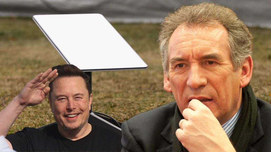 François Bayrou et une antenne Starlink. // Source : Alain Dolium (Montage Numerama) François Bayrou et une antenne Starlink. // Source : Alain Dolium (Montage Numerama)