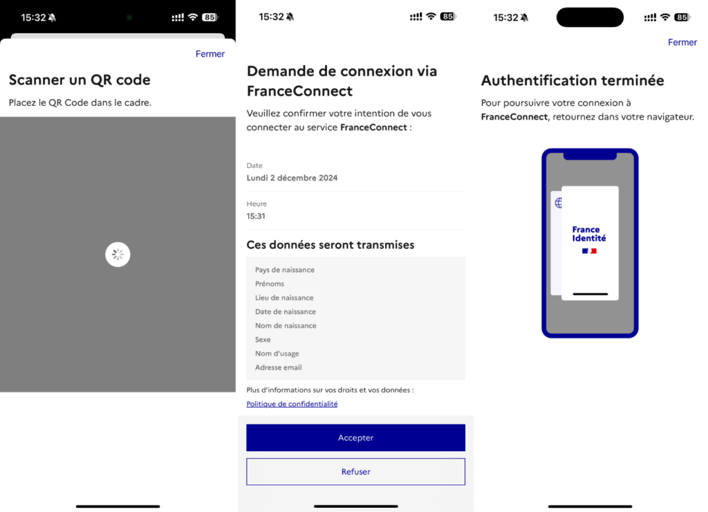 Il suffit de scanner un QR code pour s'authentifier avec FranceConnect. Il suffit de scanner un QR code pour s'authentifier avec FranceConnect.