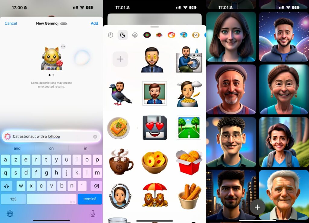Les Genmoji à gauche, Image Playgrounds à droite. Apple utilise des modèles entrainés spécifiquement pour des exécutions locales. Les Genmoji à gauche, Image Playgrounds à droite. Apple utilise des modèles entrainés spécifiquement pour des exécutions locales.