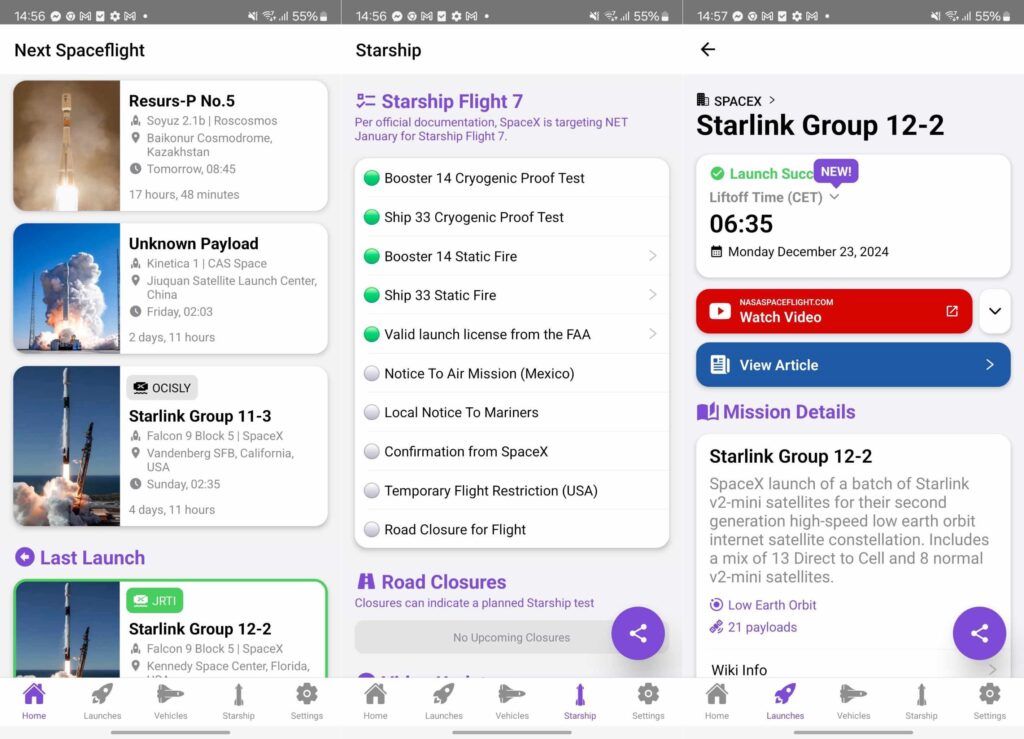 L'interface de Next Spaceflight sur Android. L'interface de Next Spaceflight sur Android.