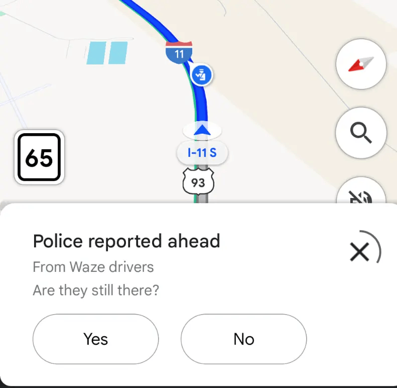 L'affichage d'un logo police signalé sur Waze, dans Google Maps. L'affichage d'un logo police signalé sur Waze, dans Google Maps.