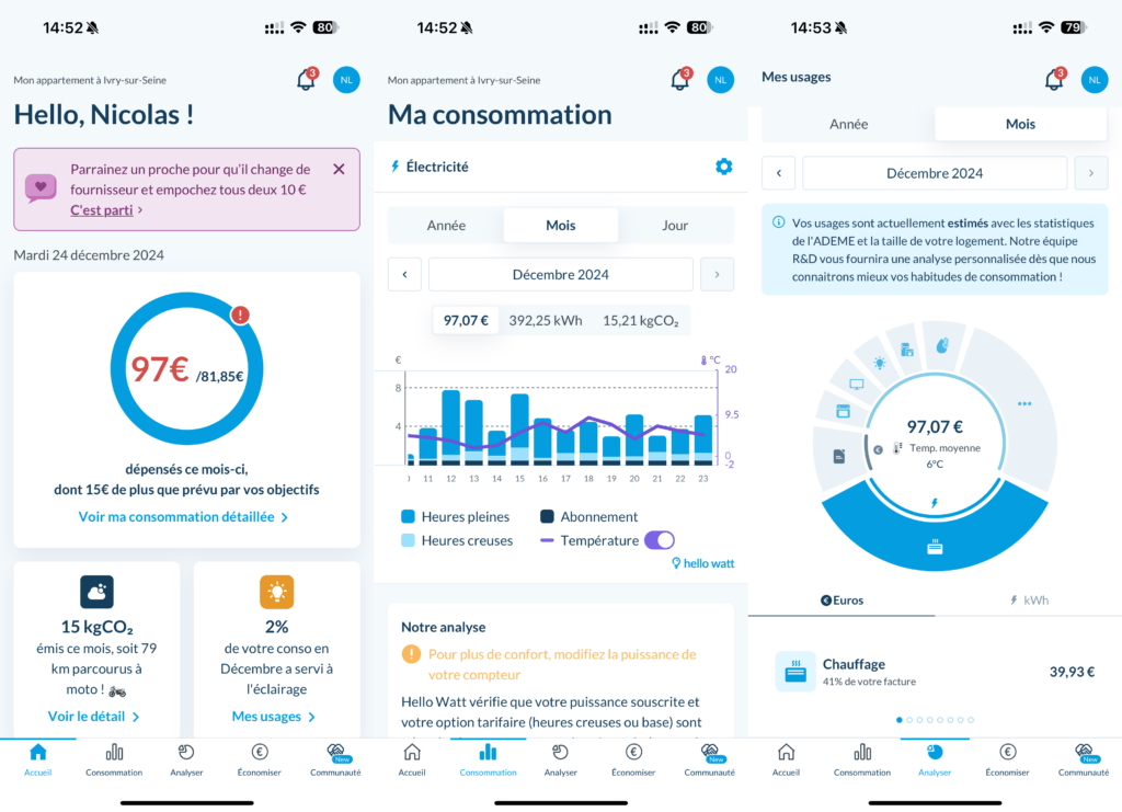 L'interface d'Hello Watt, avec ici une consommation en plein hiver. L'interface d'Hello Watt, avec ici une consommation en plein hiver.