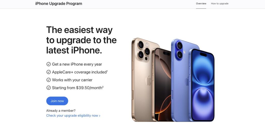 La page de vente de l'iPhone Upgrade Program sur le site d'Apple // Source : Capture Numerama La page de vente de l'iPhone Upgrade Program sur le site d'Apple // Source : Capture Numerama