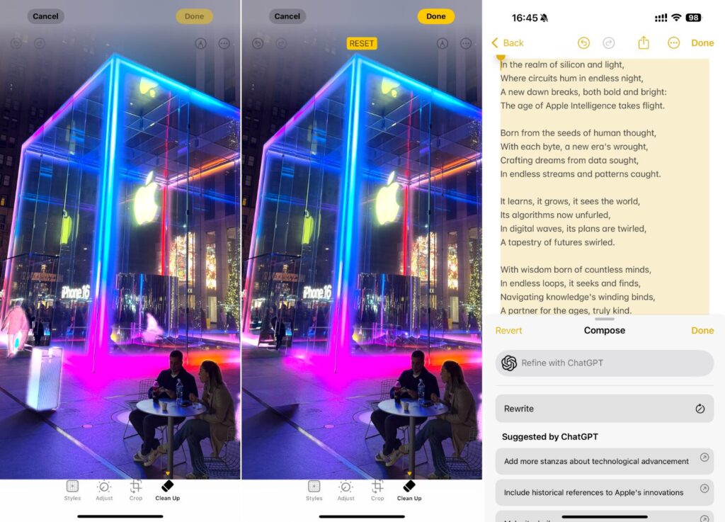 La poubelle et les personnes devant le magasin ont été effacés partiellement par Apple Intelligence. Il reste les ombres et les reflets. La poubelle et les personnes devant le magasin ont été effacés partiellement par Apple Intelligence. Il reste les ombres et les reflets.