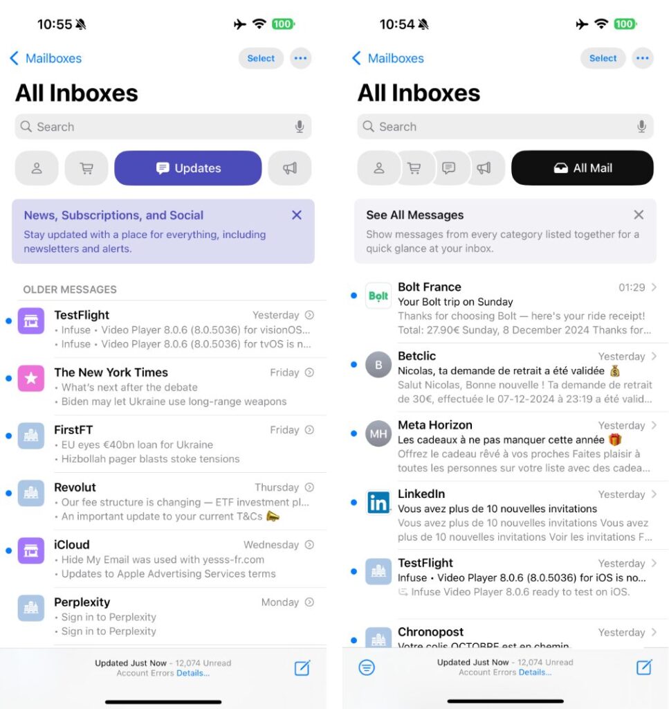 La nouvelle application Mail, dans iOS 18.2. La nouvelle application Mail, dans iOS 18.2.