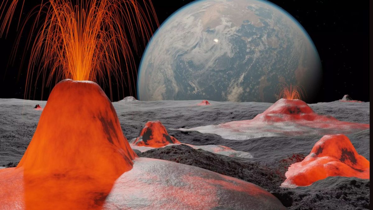 Quelques centaines de millions d'années après sa formation, la Lune a été soumise à une intense activité volcanique. La distance entre la Terre et la Lune était alors bien plus faible qu'aujourd'hui. // Source : MPS/Alexey Chizhik Quelques centaines de millions d'années après sa formation, la Lune a été soumise à une intense activité volcanique. La distance entre la Terre et la Lune était alors bien plus faible qu'aujourd'hui. // Source : MPS/Alexey Chizhik