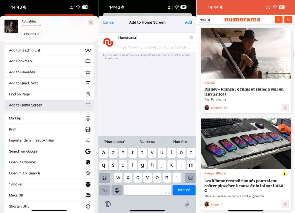 L'ajout d'une web-application Numerama sur iPhone. L'ajout d'une web-application Numerama sur iPhone.