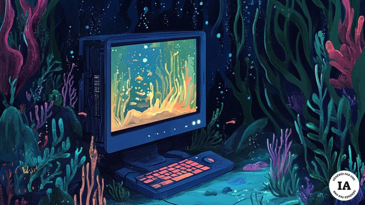 Un ordinateur au fond de l'océan. // Source : Image créée avec Midjourney Un ordinateur au fond de l'océan. // Source : Image créée avec Midjourney