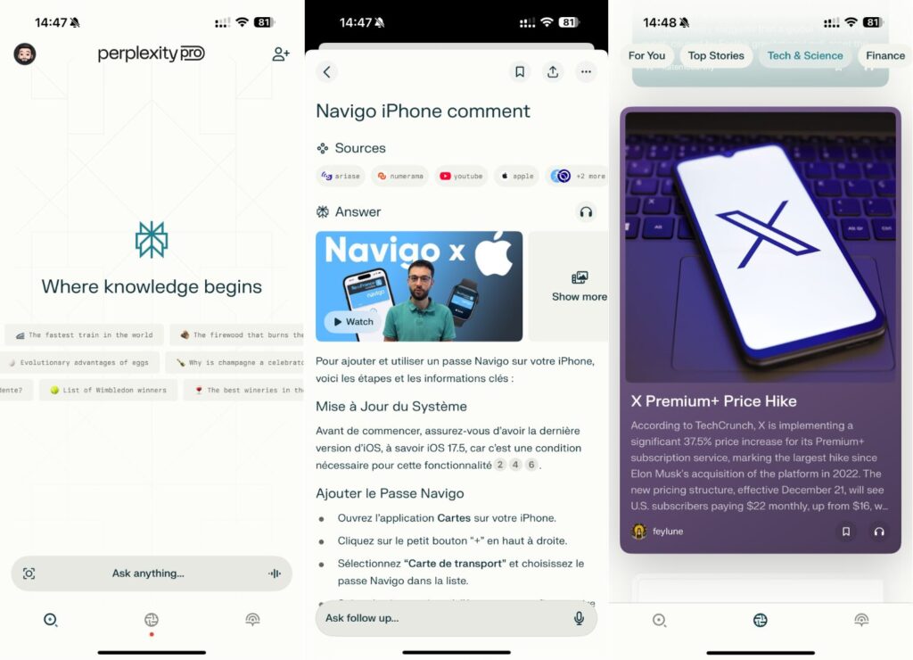 L'interface de Perplexity sur iPhone, avec un onglet dédié à l'actualité. L'interface de Perplexity sur iPhone, avec un onglet dédié à l'actualité.