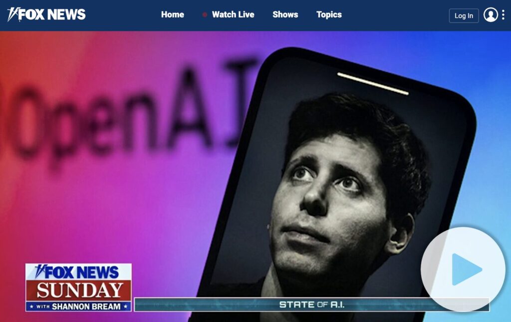 L'interview de Sam Altman est disponible en replay sur le site de Fox News. L'interview de Sam Altman est disponible en replay sur le site de Fox News.