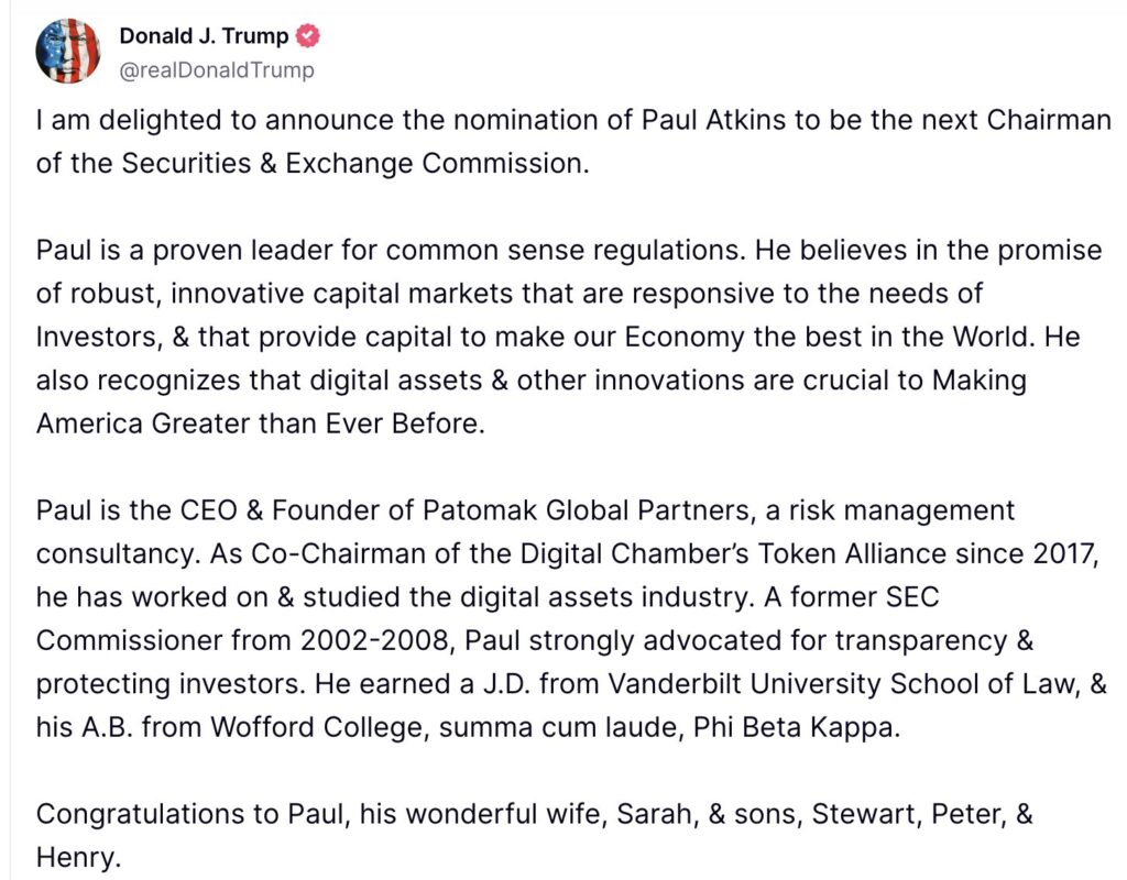 Le Bitcoin s'approchait des 100k depuis l'élection de Trump, mais la nomination de Paul Atkins a provoqué ce passage. Le Bitcoin s'approchait des 100k depuis l'élection de Trump, mais la nomination de Paul Atkins a provoqué ce passage.