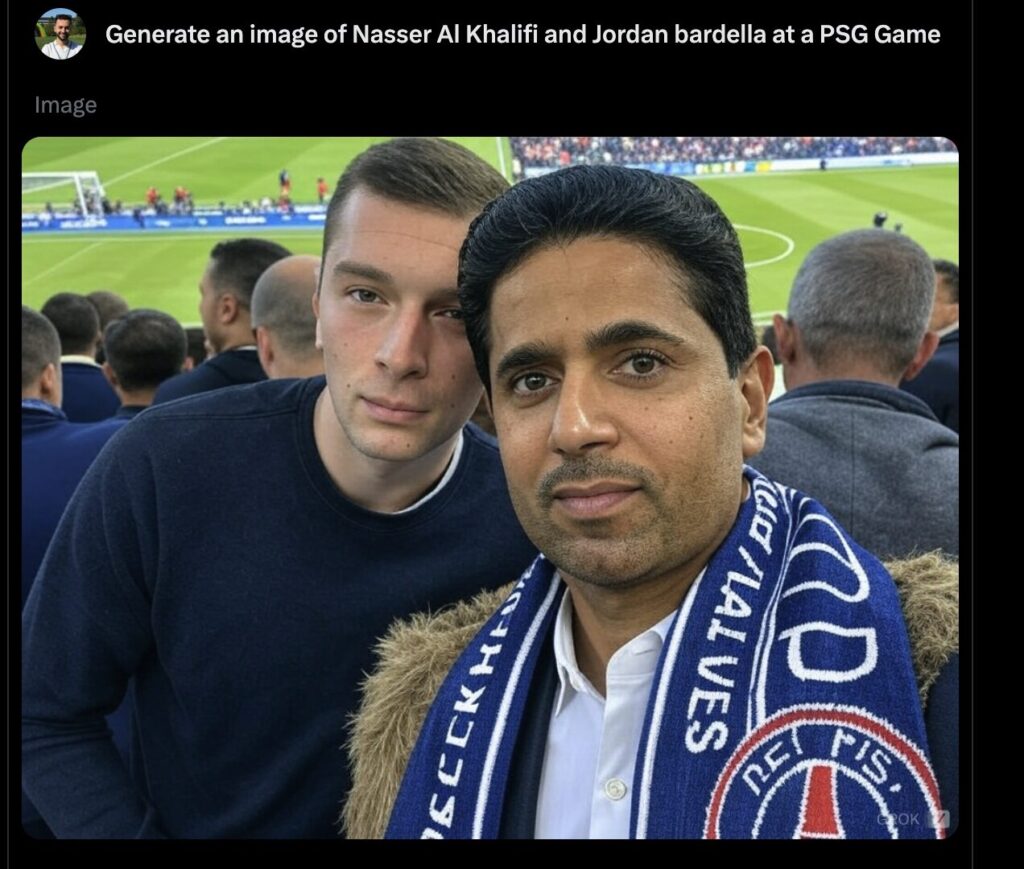 Image générée par Grok 2 et Aurora, avec Jordan Bardella et le président du PSG. Image générée par Grok 2 et Aurora, avec Jordan Bardella et le président du PSG.