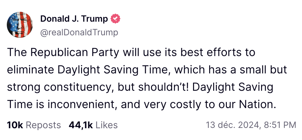 Ce n'est pas la première fois que Donald Trump suggère la fin du changement d'heure. Ce n'est pas la première fois que Donald Trump suggère la fin du changement d'heure.