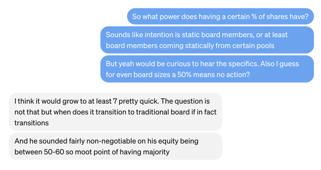 Cette conversation entre Greg Brockman et Shivon Zilis, désormais alliée à Elon Musk, confirme la demande pour détenir 50-60% d'OpenAI. Cette conversation entre Greg Brockman et Shivon Zilis, désormais alliée à Elon Musk, confirme la demande pour détenir 50-60% d'OpenAI.