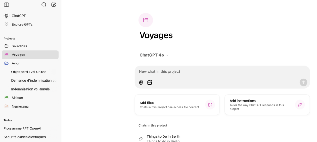 L'interface des projets dans ChatGPT. // Source : Numerama L'interface des projets dans ChatGPT. // Source : Numerama