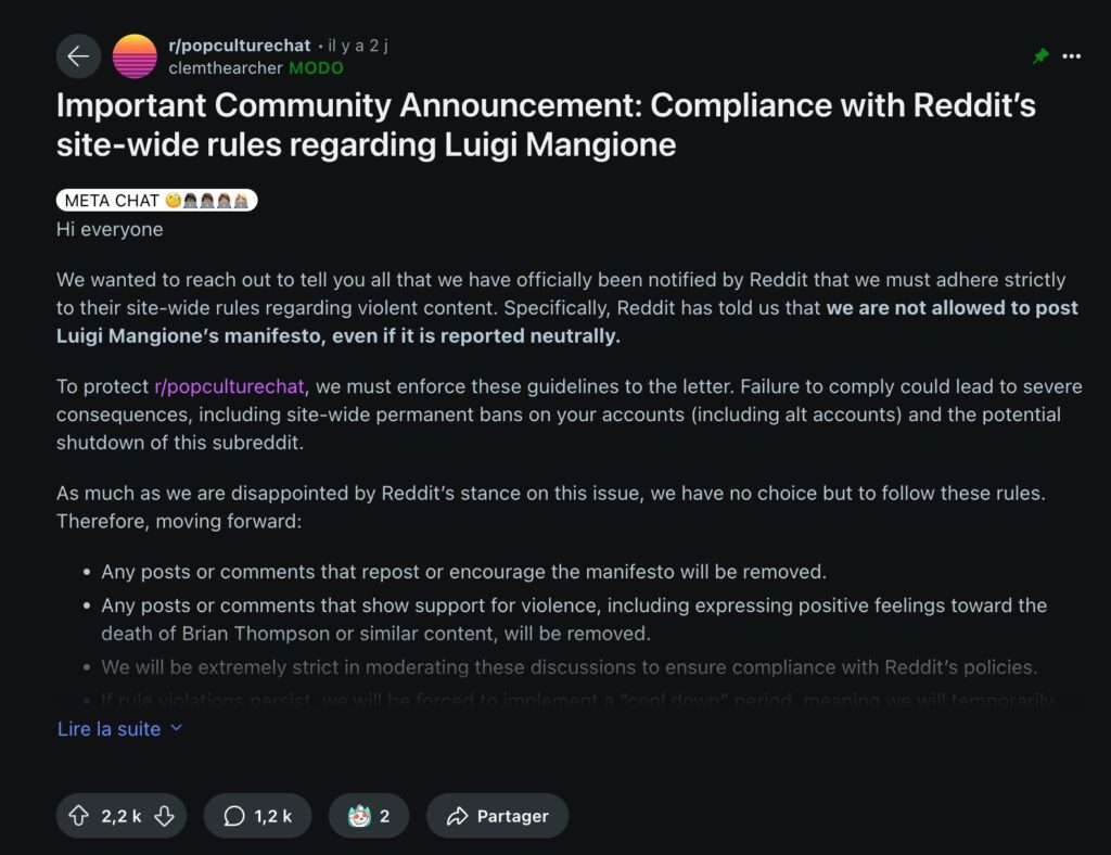 Le message d'un modérateur de Reddit pour annoncer l'interdiction de publier le manifeste de Luigi Mangione // Source : Capture Numerama Le message d'un modérateur de Reddit pour annoncer l'interdiction de publier le manifeste de Luigi Mangione // Source : Capture Numerama
