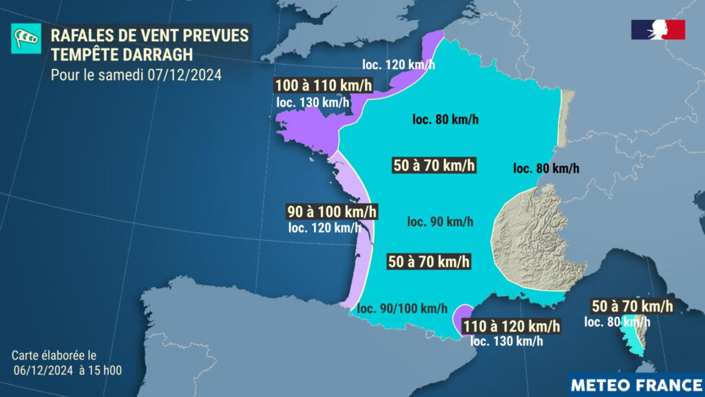 Carte des rafales de vents prévues en France le samedi 7 décembre 2024. // Source : Météo-France Carte des rafales de vents prévues en France le samedi 7 décembre 2024. // Source : Météo-France