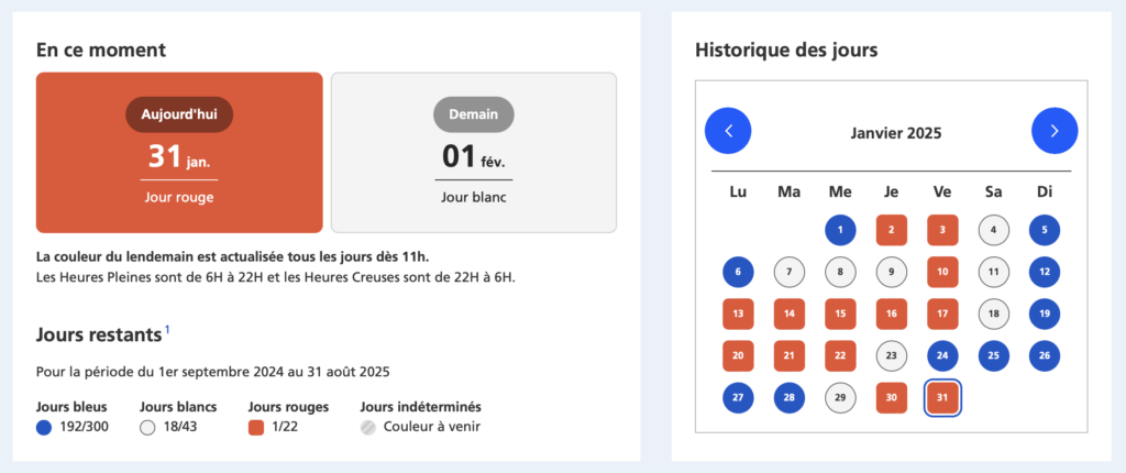 Les jours Tempo (calendrier actualisé le 31 janvier 2025). // Source : Capture d'écran EDF Les jours Tempo (calendrier actualisé le 31 janvier 2025). // Source : Capture d'écran EDF