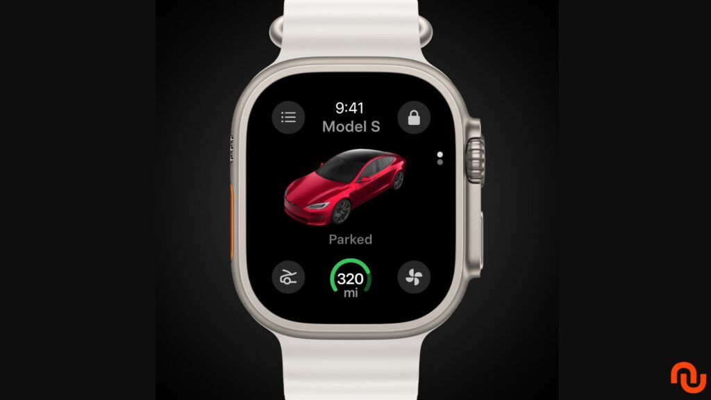 L'application Apple Watch pour Tesla // Source : Montage Numerama L'application Apple Watch pour Tesla // Source : Montage Numerama