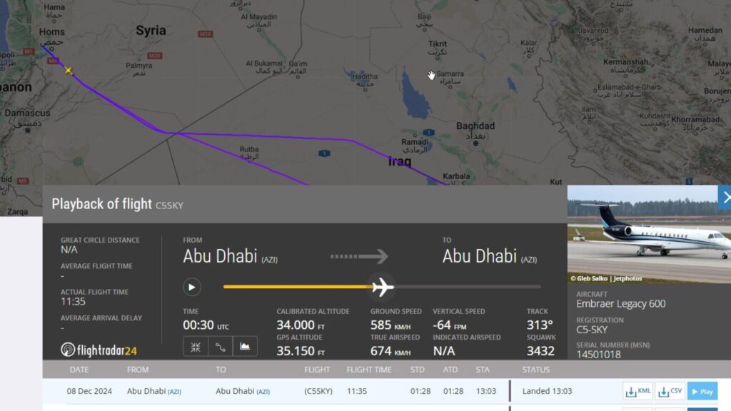 Un jet Embraer a fait un trajet aller-retour entre les Émirats Arabes Unis et la Syrie. // Source : FlightRadar24 / X Un jet Embraer a fait un trajet aller-retour entre les Émirats Arabes Unis et la Syrie. // Source : FlightRadar24 / X
