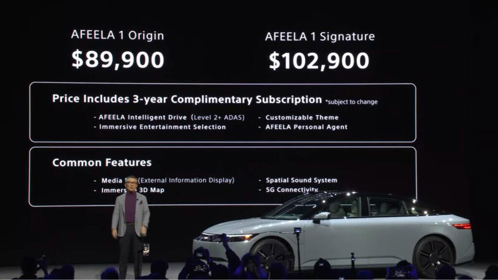 Tarifs de l'Afeela 1 // Source : Conférence Sony Tarifs de l'Afeela 1 // Source : Conférence Sony