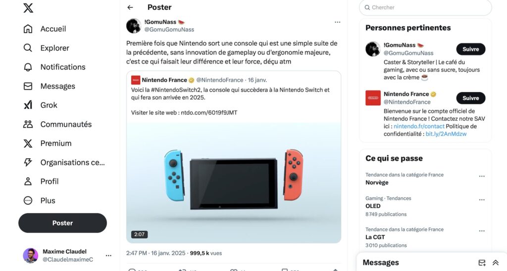 Avis sur la Nintendo Switch 2 // Source : Capture X (ex-Twitter) Avis sur la Nintendo Switch 2 // Source : Capture X (ex-Twitter)