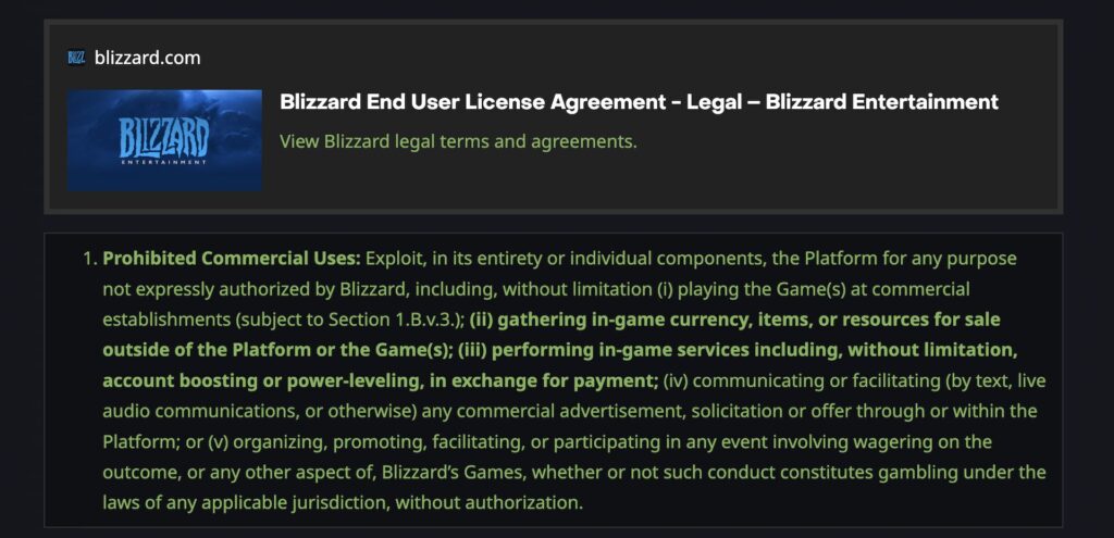 Les règles de Blizzard Entertainment // Source : Capture d'écran Les règles de Blizzard Entertainment // Source : Capture d'écran