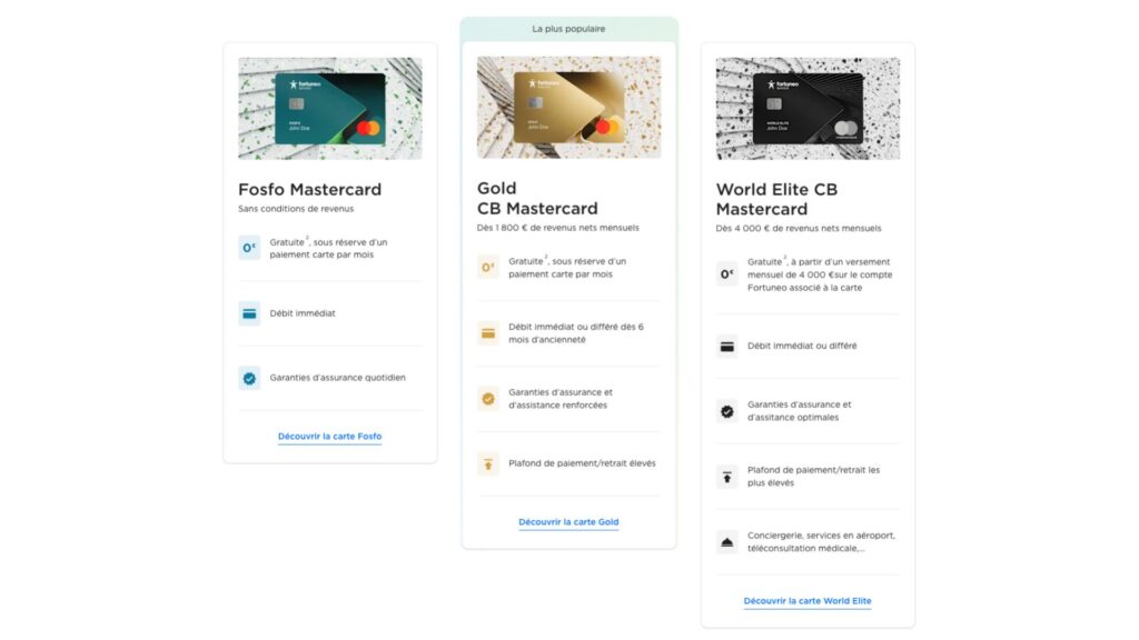 Les trois cartes de Fortuneo. Seules les deux premières sont éligibles à l'offre de bienvenue. Les trois cartes de Fortuneo. Seules les deux premières sont éligibles à l'offre de bienvenue.